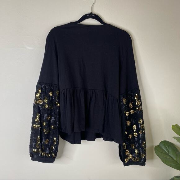 Anthropologie neale Sequin Peplum Top Extra Large puff sleeve ruffles black gold - Picture 7 of 7